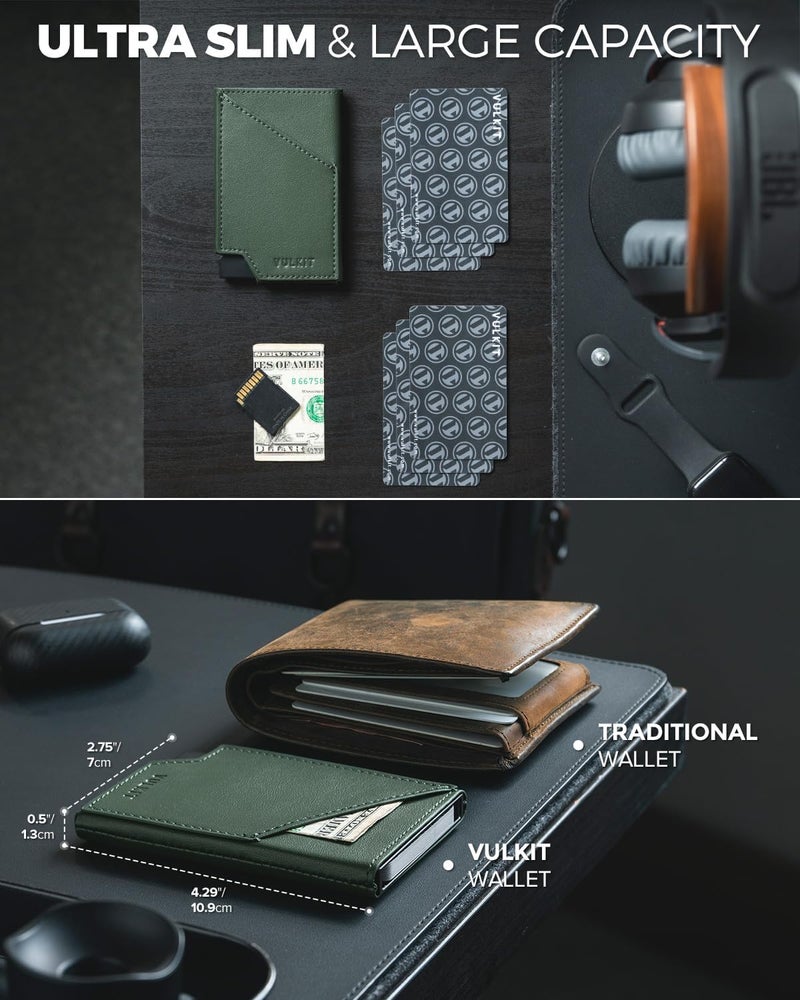 VULKIT Pop up Card Wallet RFID Blocking Slim Aluminum Metal Bank Card Holder Case with Business Money Pocket for Credit Cards Notes and Coins Green - Image 1